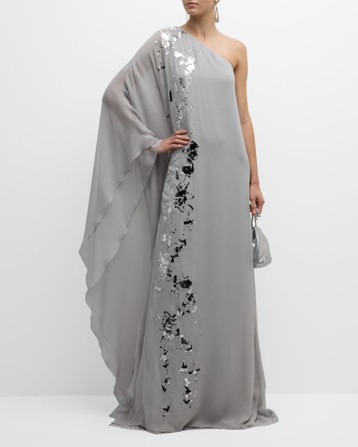 Koltson Metallic Foiled One-Shoulder Silk Chiffon Caftan Gown
