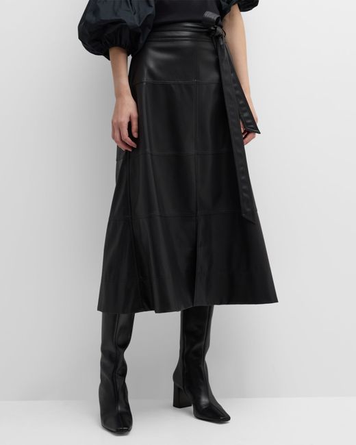 Tanya Taylor Hudson Faux Leather Belted Tiered Seam Midi Skirt