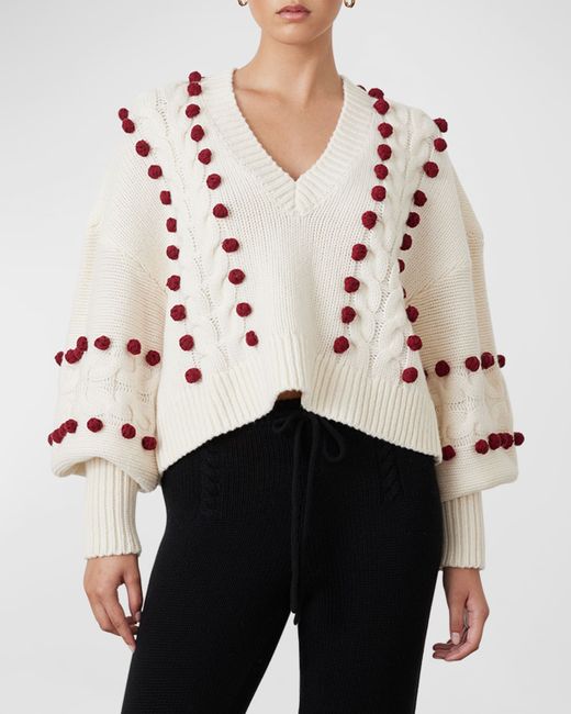 Joslin Elsa Cable-Knit Blouson-Sleeve Pompom Sweater