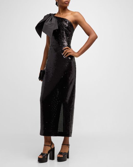 Veronica Beard Bader Sequin One-Shoulder Bow Midi Dress
