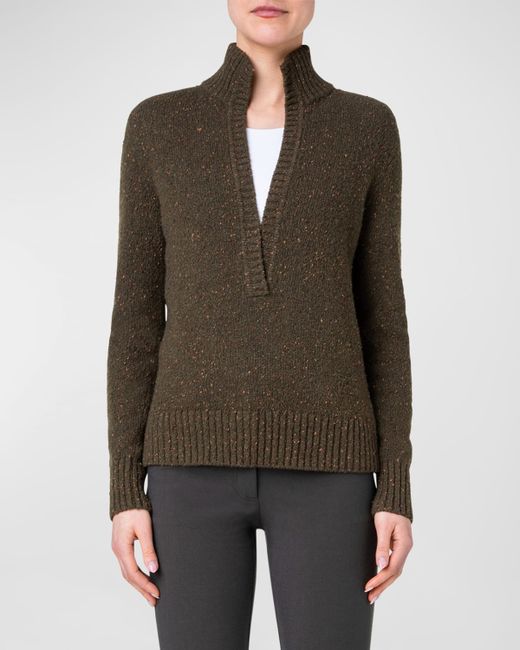 Akris Split-V Collared Cashmere Tweed Sweater