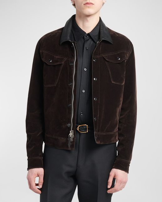 Tom Ford Flocked Denim Western Jacket with Leather Collar