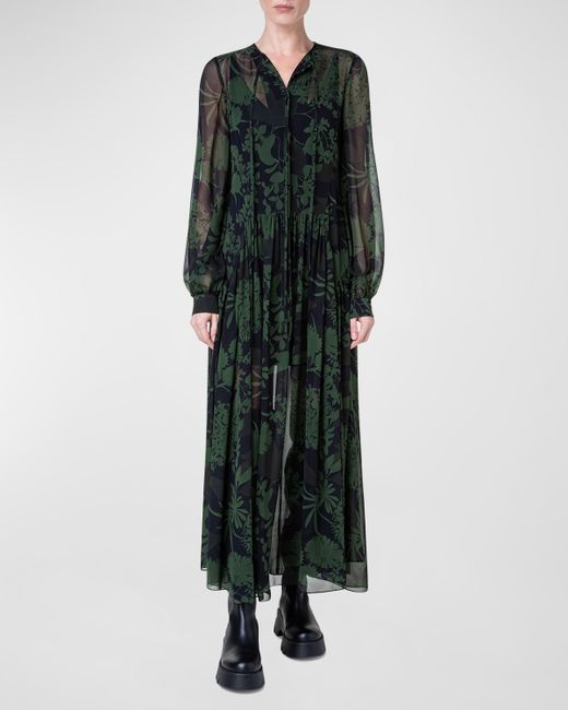 Akris Abraham Flower-Print Gathered Silk Georgette Maxi Dress