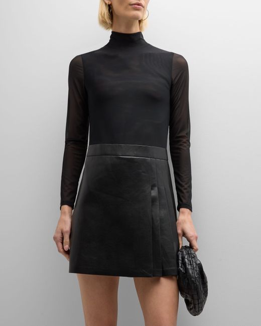 Alice + Olivia Chara Long-Sleeve Vegan Leather Pleated Mini Dress