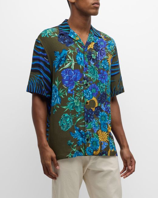 Versace Wildflower Tiger-Print Camp Shirt