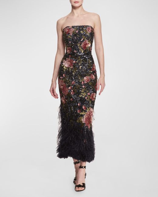 Marchesa Floral Print Sequin Embroidered Column Gown with Feather Trim