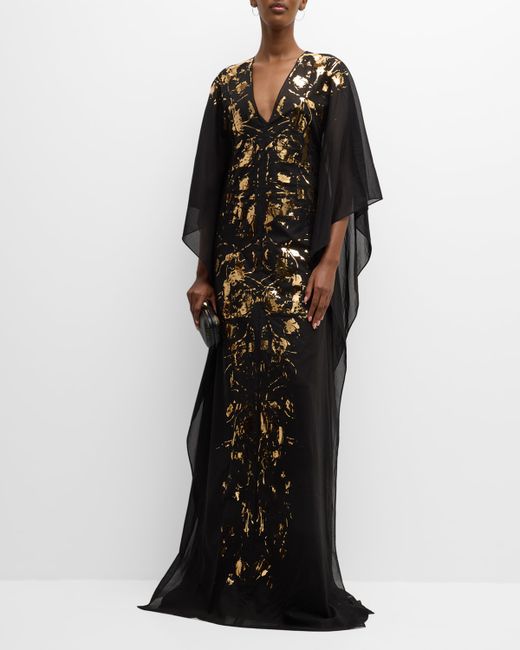Koltson Metallic Foiled Plunging Evening Caftan Gown
