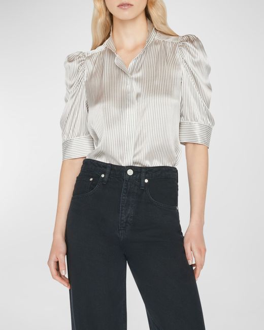 Frame Gillian Stripe Silk Ruched-Sleeve Top