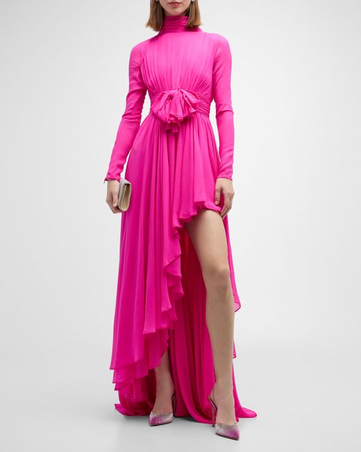 Giambattista Valli Gathered Bow-Front Arch-Slit Long-Sleeve Gown