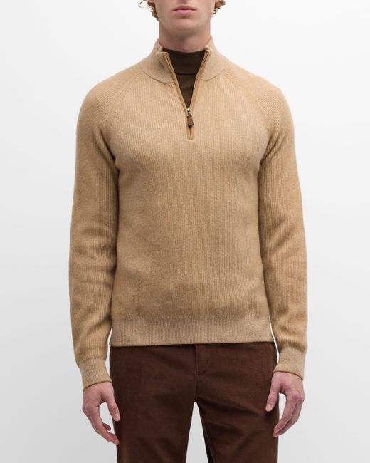 Neiman Marcus Ribbed Quarter Zip Cashmere Sweater
