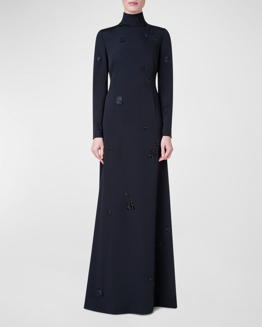 Akris Embellished Long-Sleeve Godet-Back Gown