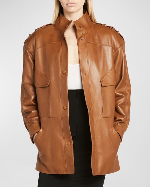 Saint Laurent Belted Strong-Shoulder Leather Parka Jacket