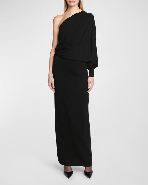 Saint Laurent Draped One-Shoulder Long-Sleeve Cashmere Knit Maxi Dress