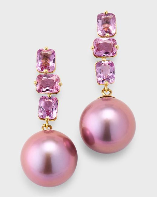 Pearls By Shari 18k Yellow Gold Sapphire and Kasumiga Pearl Earrings