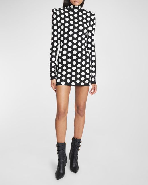Balmain Turtleneck Strong-Shoulder Polka-Dot Knit Mini Dress