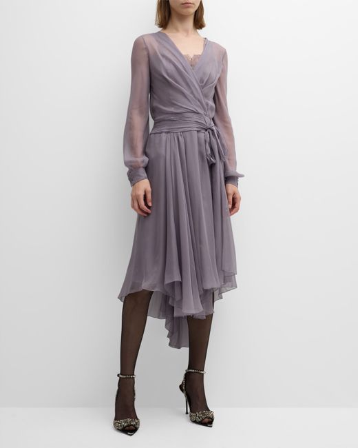 Alberta Ferretti Long-Sleeve Gathered Silk Wrap Dress