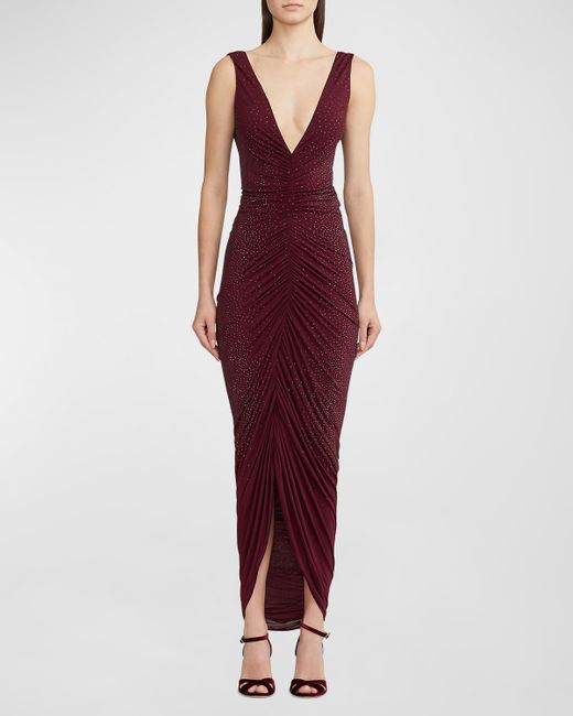 Ralph Lauren Collection Daemyn Plunging Strass Embellished Ruched Gown