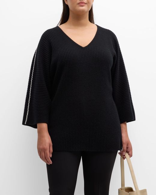 Neiman Marcus Cashmere Collection Plus Cashmere Ribbed Sweater with Whipstitch Detail