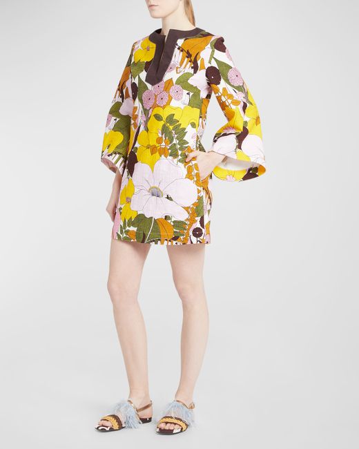 La Double J. Floral-Print Long-Sleeve Mini Shift Dress