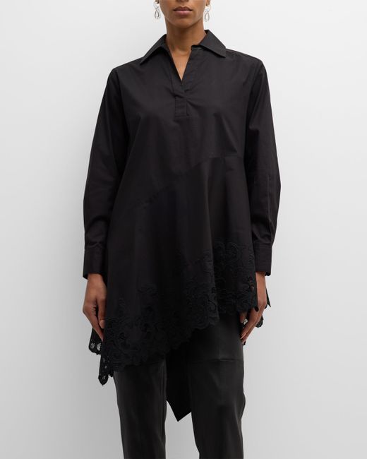 Natori Asymmetric Lace-Inset Cotton Poplin Shirt