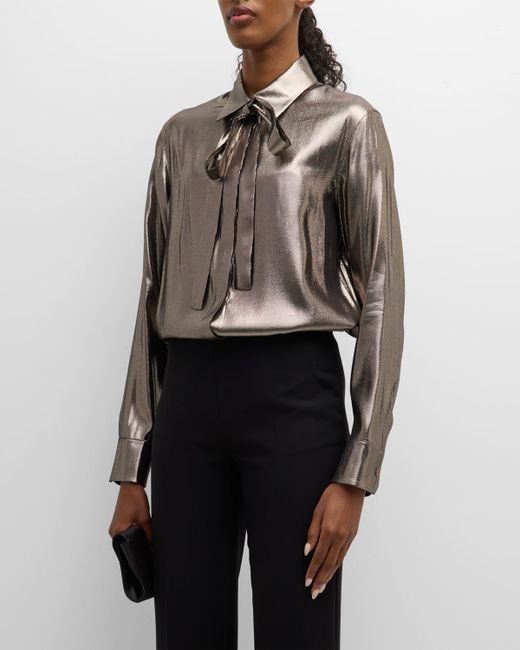Akris Metallic Silk Neck-Tie Collared Blouse With Included Slip Tank