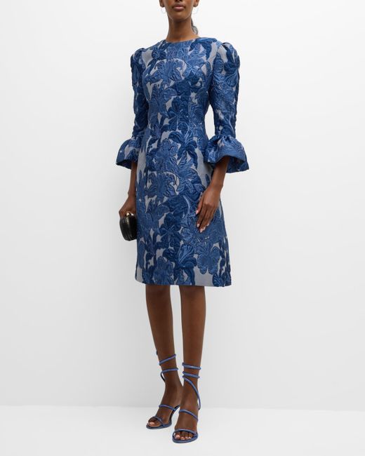 Rickie Freeman for Teri Jon Bell-Sleeve Floral Jacquard Midi Dress