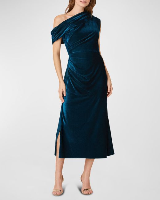 Shoshanna Pleated One-Shoulder Velvet Midi Dress