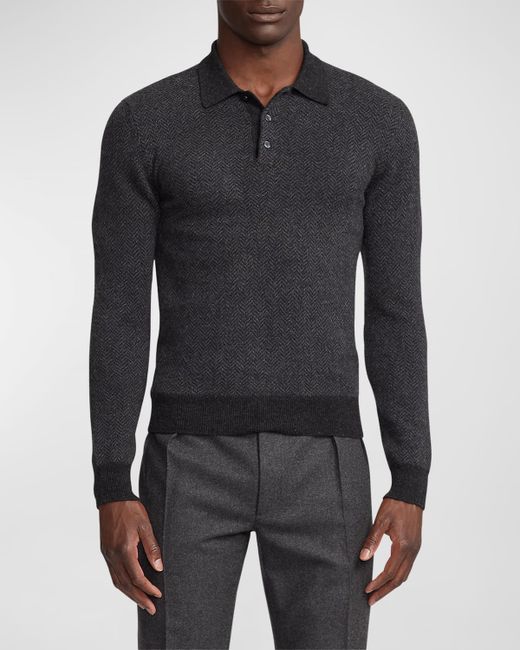 Ralph Lauren Purple Label Herringbone Cashmere Polo-Collar Sweater
