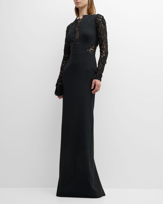 Pamella Roland Crepe Gown with Lace Panels and Sleeves