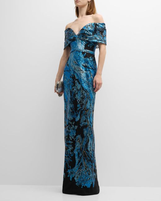 Pamella Roland Sequin Embroidered Tulle Off-The-Shoulder Column Gown