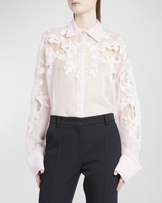 Valentino Garavani Sheer Lace Embroidered Button-Front Blouse