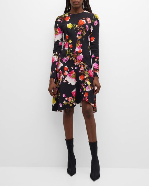 Monique Lhuillier Floral-Print Paneled Long-Sleeve Handkerchief Cady Dress