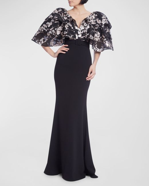 Badgley Mischka Collection Belted Floral Jacquard Crepe Mermaid Gown