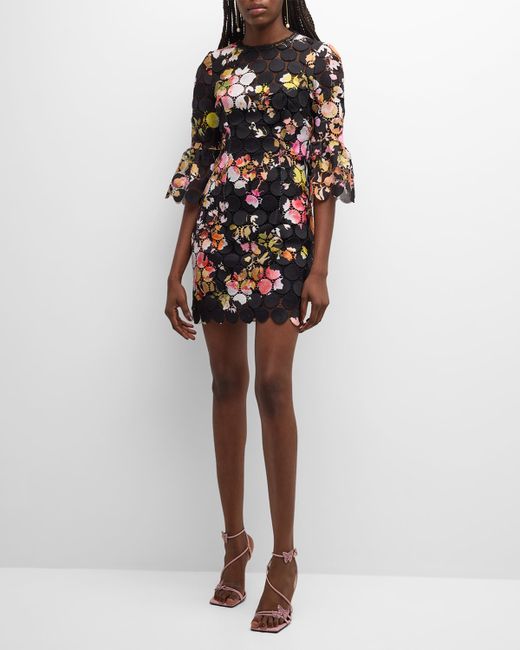 Monique Lhuillier Floral-Print Circle Lace Bell-Sleeve Mini Dress