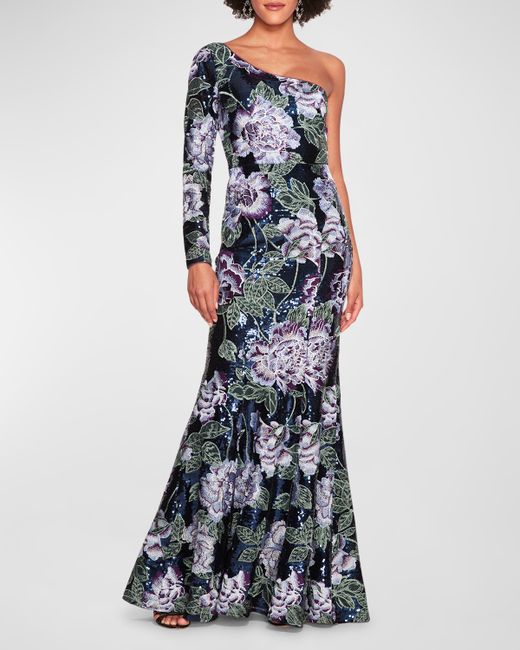 Marchesa Notte One-Shoulder Floral-Embroidered Sequin Gown