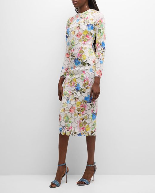 Monique Lhuillier Floral-Print Circle Lace Long-Sleeve Midi Dress
