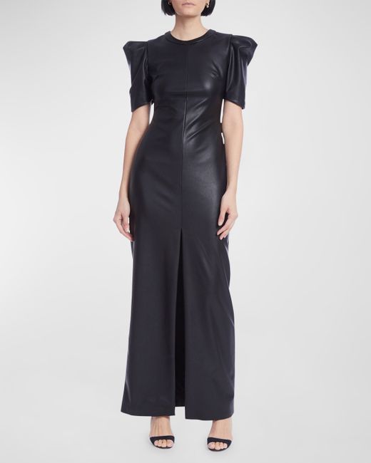 One33 Social Puff-Sleeve Faux Leather Column Gown