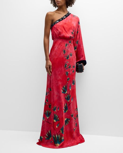 Saloni Lily One-Shoulder Silk Kimono Gown