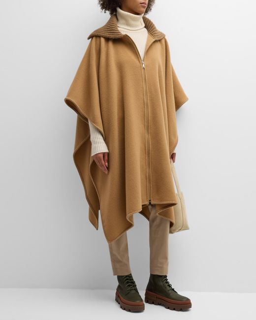 Moncler Wool Long Cape with Knit Collar