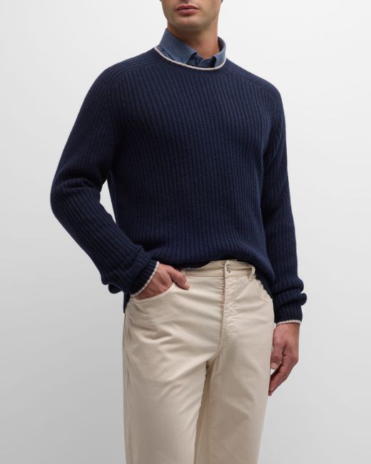 Neiman Marcus Wool-Cashmere Ribbed Crewneck Sweater with Tipping