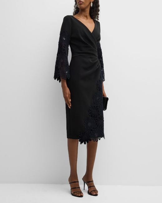 Rickie Freeman for Teri Jon Pleated Floral Lace-Trim Midi Dress