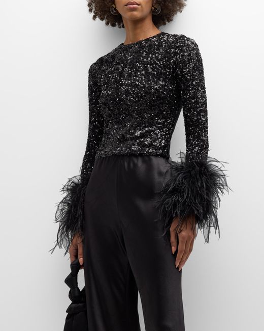 Alice + Olivia Delaina Sequin-Embellished Feather-Cuff Top