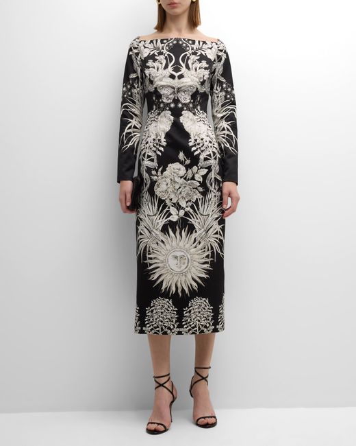 Lela Rose Graphic-Print Long-Sleeve Square-Neck Midi Dress
