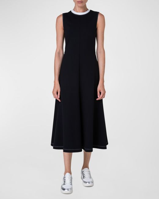 Akris Punto Contrast Neck-Trim A-Line Sleeveless Midi Dress