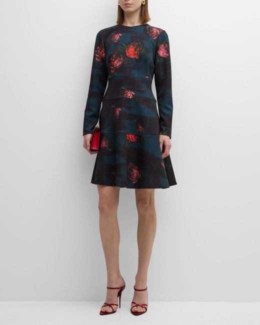 Lela Rose Lily Check-Print Long-Sleeve Tiered Paneled Dress