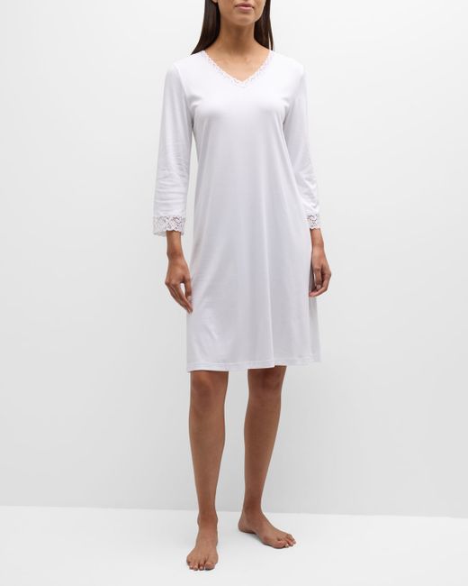Hanro Moments 3/4-Sleeve Lace-Trim Cotton Nightgown