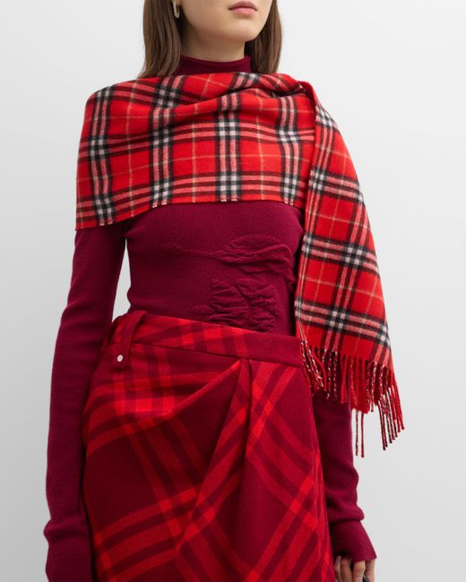 Burberry Reversible Check Cashmere Fringe Scarf