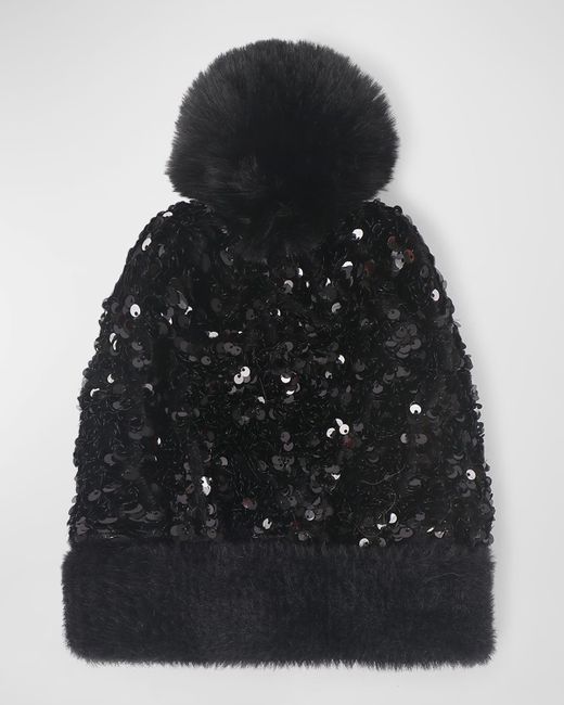 Pia Rossini Kiaro Sequin Velvet Hat With Faux Fur Pom