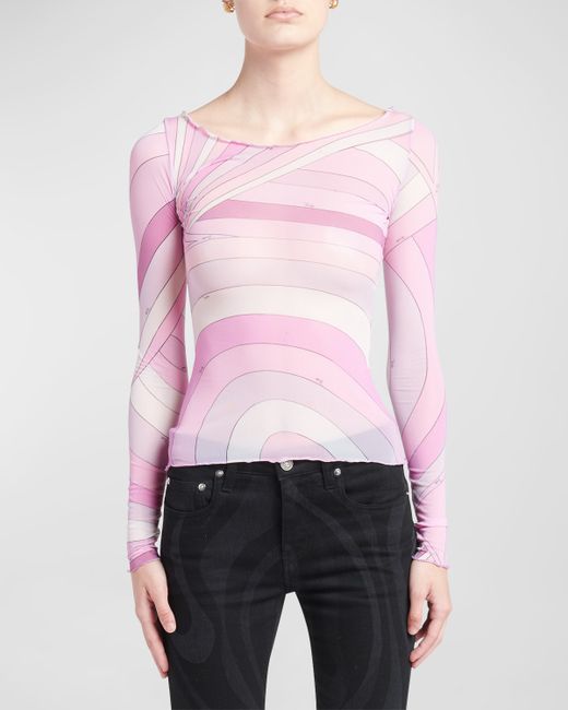 Emilio Pucci Abstract-Print Long-Sleeve Mesh T-Shirt