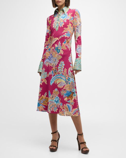 Etro Paisley Bouquet-Print Long-Sleeve Jersey Midi Shirtdress